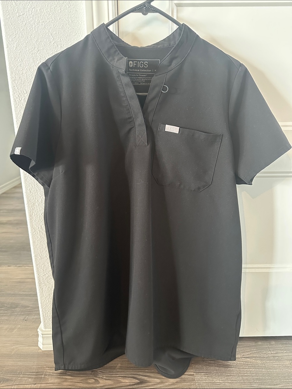 Figs Black V-Neck Medical Scrub Top with Chest Pocket